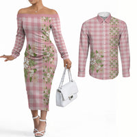 Akala Hamele Hawai'i Palaka Squares Maile Leaf Couples Matching Off The Shoulder Long Sleeve Dress and Long Sleeve Button Shirt Flowers Hawaiian Quilt Patterns LT9 Dusty Rose - Polynesian Pride