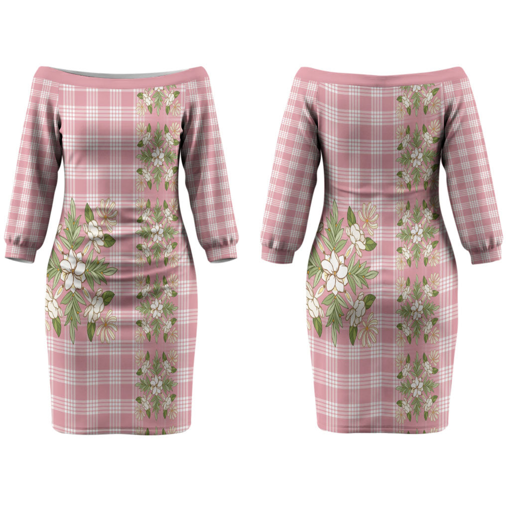 Akala Hamele Hawai'i Palaka Squares Maile Leaf Couples Matching Off The Shoulder Long Sleeve Dress and Long Sleeve Button Shirt Flowers Hawaiian Quilt Patterns LT9 - Polynesian Pride