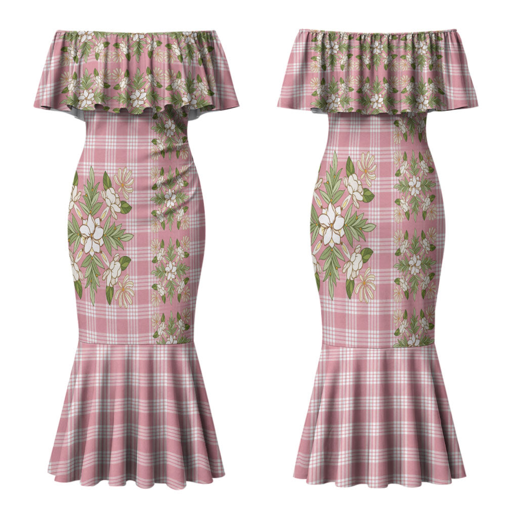 Akala Hamele Hawai'i Palaka Squares Maile Leaf Family Matching Mermaid Dress and Hawaiian Shirt Flowers Hawaiian Quilt Patterns LT9 Mom's Dress Dusty Rose - Polynesian Pride