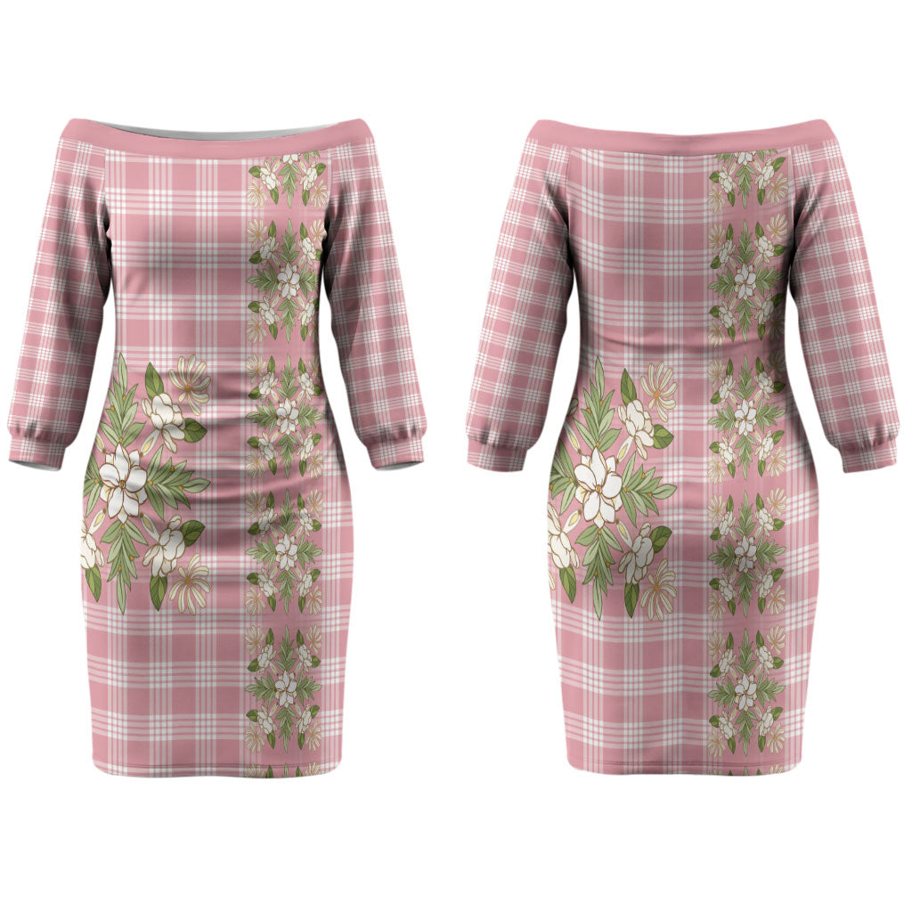 Akala Hamele Hawai'i Palaka Squares Maile Leaf Family Matching Off The Shoulder Long Sleeve Dress and Hawaiian Shirt Flowers Hawaiian Quilt Patterns LT9 Mom's Dress Dusty Rose - Polynesian Pride