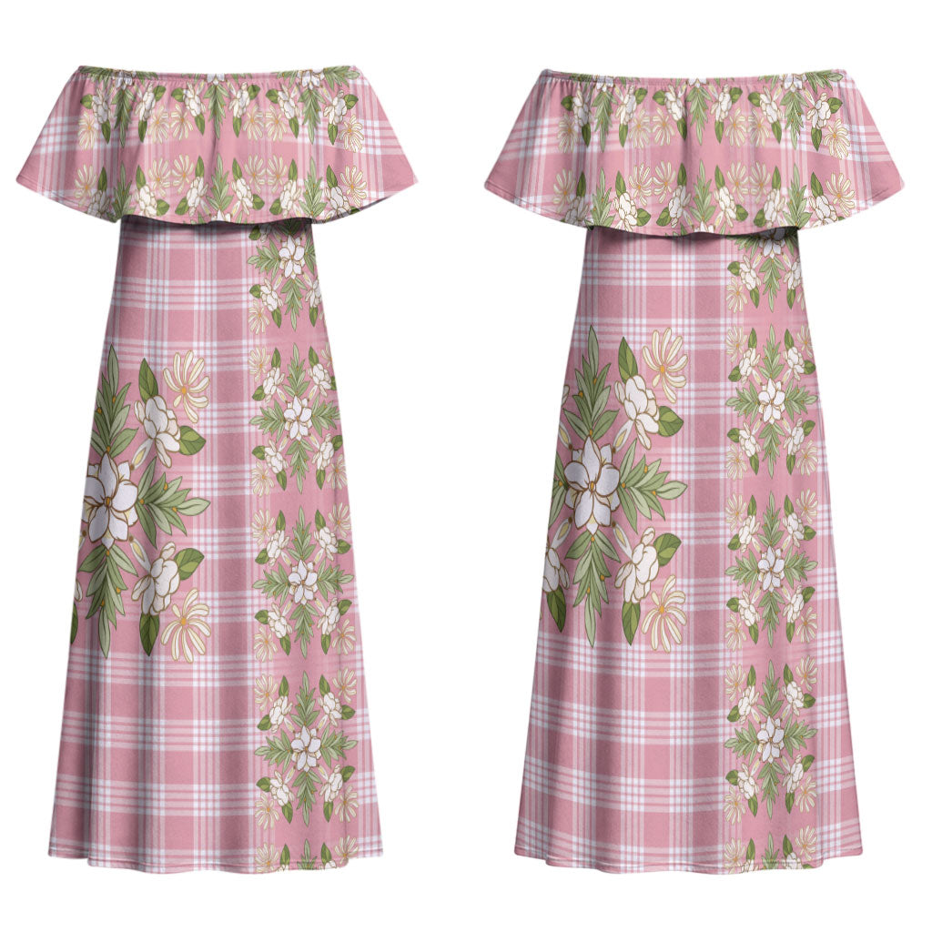 Akala Hamele Hawai'i Palaka Squares Maile Leaf Family Matching Off Shoulder Maxi Dress and Hawaiian Shirt Flowers Hawaiian Quilt Patterns LT9 Mom's Dress Dusty Rose - Polynesian Pride