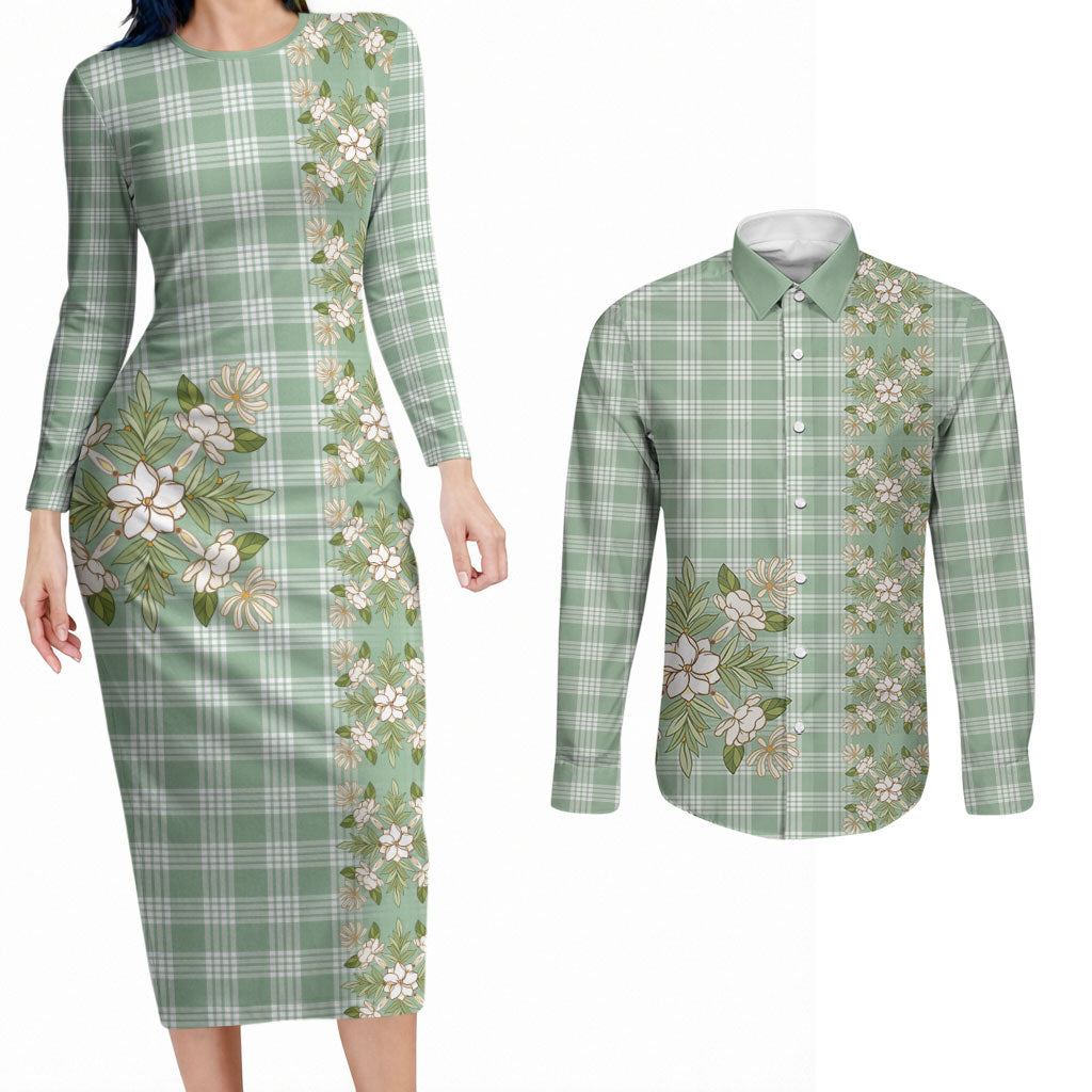 Liko Kukui Hawai'i Palaka Squares Maile Leaf Couples Matching Long Sleeve Bodycon Dress and Long Sleeve Button Shirt Flowers Hawaiian Quilt Patterns