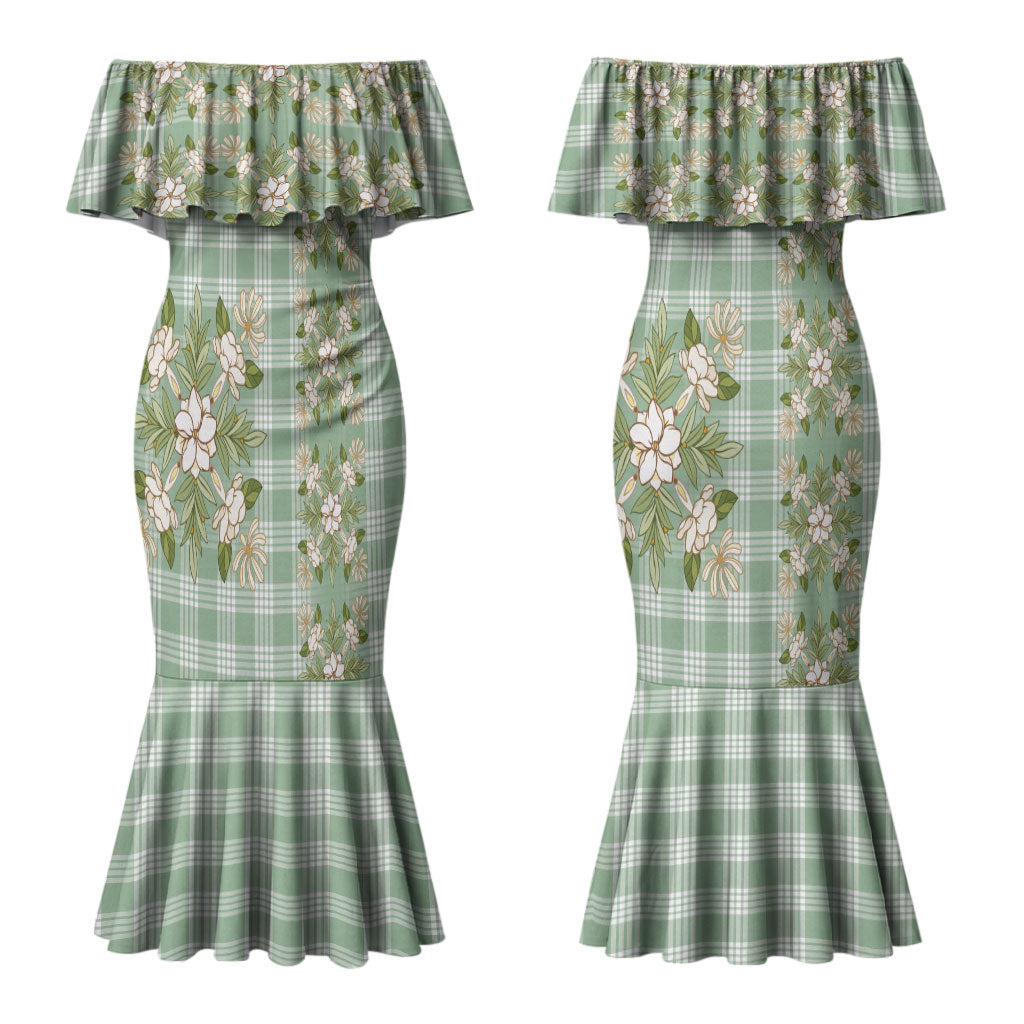 Liko Kukui Hawai'i Palaka Squares Maile Leaf Couples Matching Mermaid Dress and Long Sleeve Button Shirt Flowers Hawaiian Quilt Patterns LT9 - Polynesian Pride