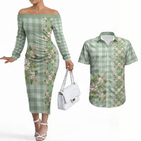 Liko Kukui Hawai'i Palaka Squares Maile Leaf Couples Matching Off The Shoulder Long Sleeve Dress and Hawaiian Shirt Flowers Hawaiian Quilt Patterns LT9 Sage Green - Polynesian Pride