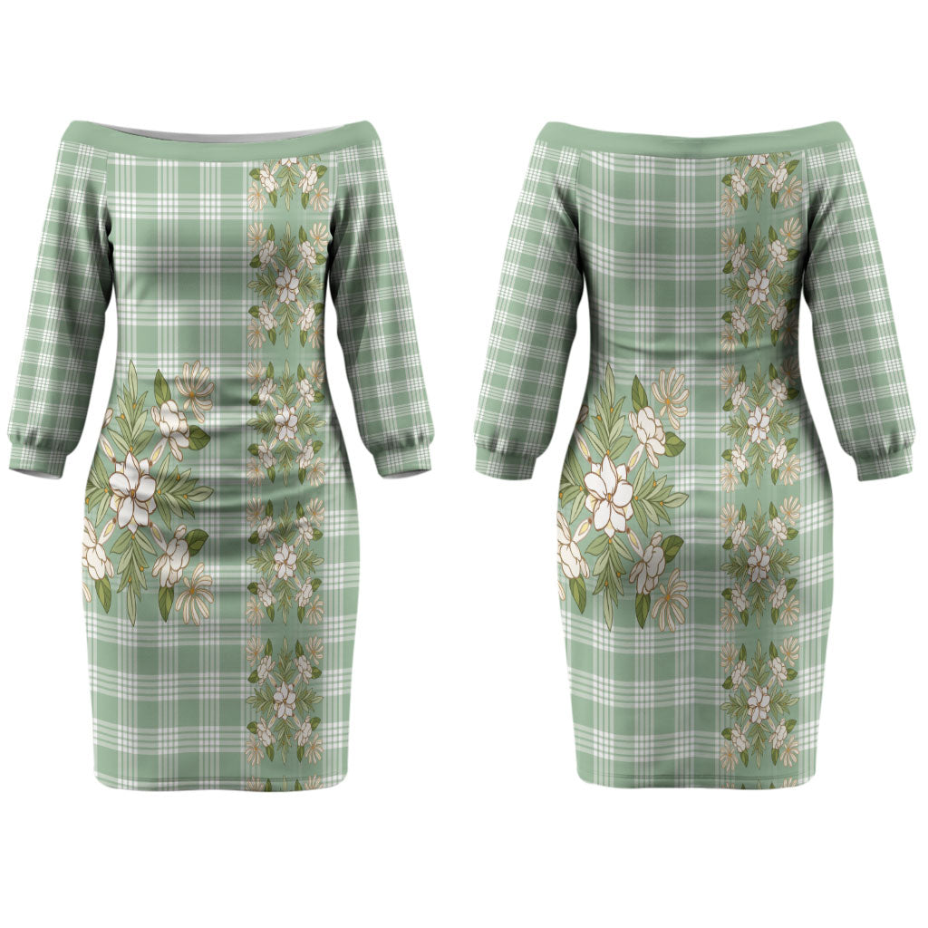Liko Kukui Hawai'i Palaka Squares Maile Leaf Couples Matching Off The Shoulder Long Sleeve Dress and Hawaiian Shirt Flowers Hawaiian Quilt Patterns LT9 - Polynesian Pride