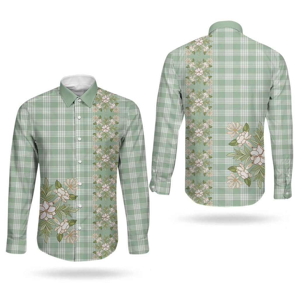 Liko Kukui Hawai'i Palaka Squares Maile Leaf Couples Matching Off The Shoulder Long Sleeve Dress and Long Sleeve Button Shirt Flowers Hawaiian Quilt Patterns LT9 - Polynesian Pride