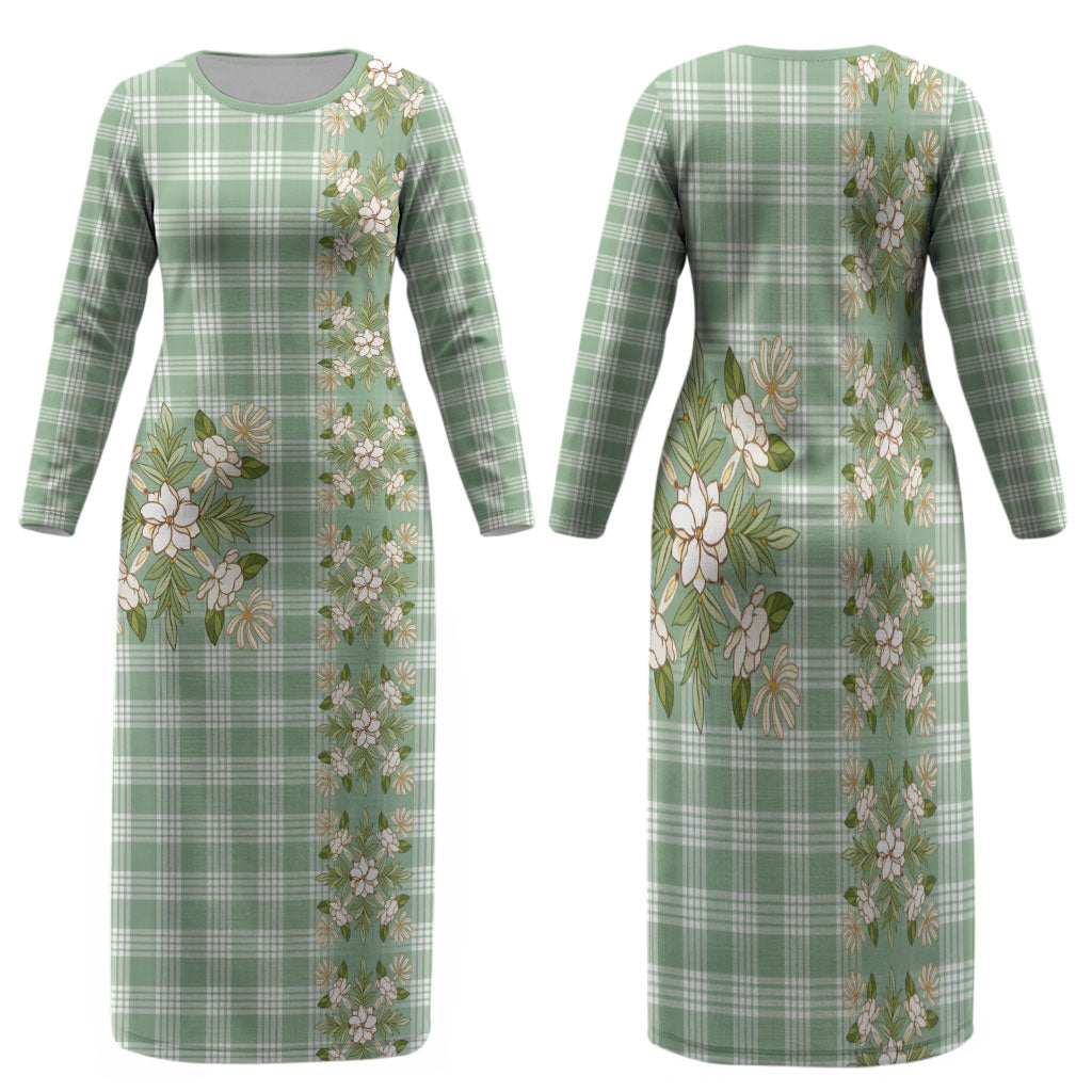 Liko Kukui Hawai'i Palaka Squares Maile Leaf Family Matching Long Sleeve Bodycon Dress and Hawaiian Shirt Flowers Hawaiian Quilt Patterns LT9 Mom's Dress Sage Green - Polynesian Pride