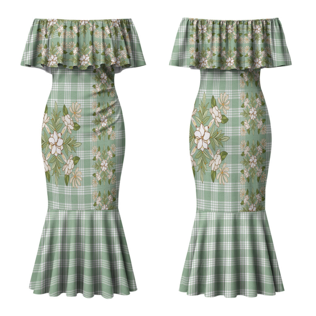 Liko Kukui Hawai'i Palaka Squares Maile Leaf Family Matching Mermaid Dress and Hawaiian Shirt Flowers Hawaiian Quilt Patterns LT9 Mom's Dress Sage Green - Polynesian Pride