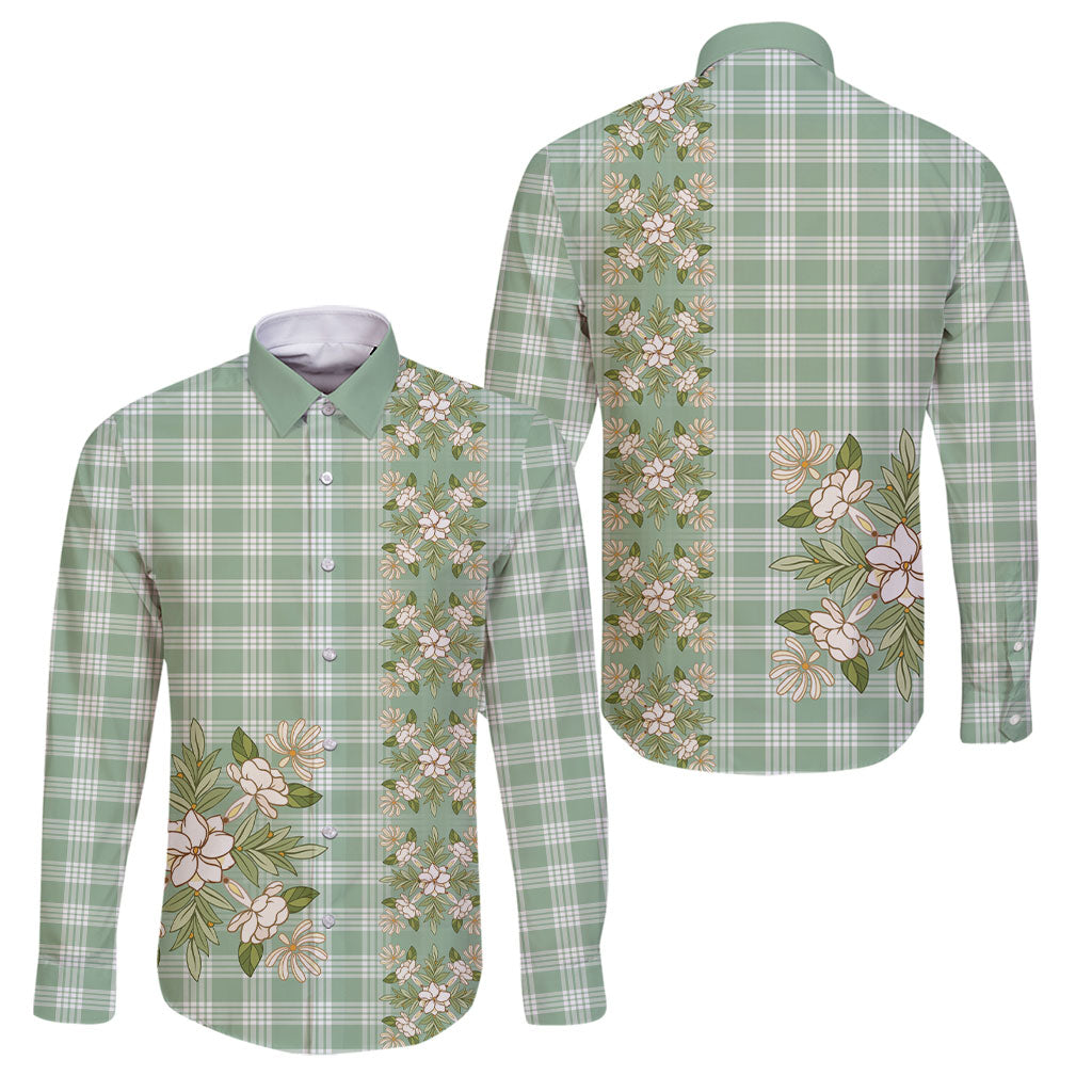 Liko Kukui Hawai'i Palaka Squares Maile Leaf Family Matching Mermaid Dress and Hawaiian Shirt Flowers Hawaiian Quilt Patterns LT9 Dad's Shirt - Long Sleeve Sage Green - Polynesian Pride