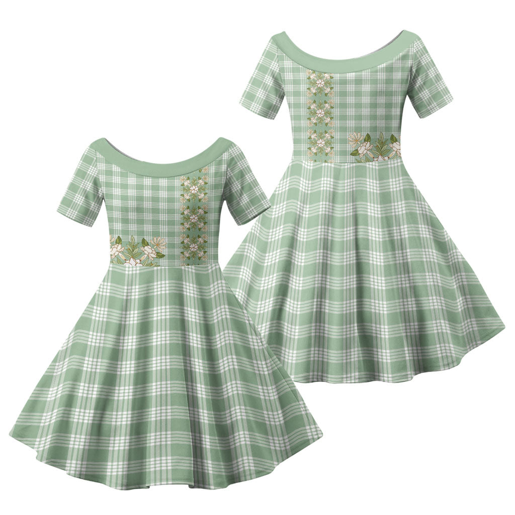 Liko Kukui Hawai'i Palaka Squares Maile Leaf Family Matching Mermaid Dress and Hawaiian Shirt Flowers Hawaiian Quilt Patterns LT9 Daughter's Dress Sage Green - Polynesian Pride