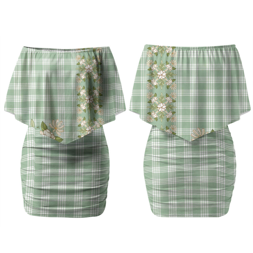 Liko Kukui Hawai'i Palaka Squares Maile Leaf Family Matching Off Shoulder Short Dress and Hawaiian Shirt Flowers Hawaiian Quilt Patterns LT9 Mom's Dress Sage Green - Polynesian Pride
