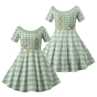 Liko Kukui Hawai'i Palaka Squares Maile Leaf Family Matching Off Shoulder Short Dress and Hawaiian Shirt Flowers Hawaiian Quilt Patterns LT9 Daughter's Dress Sage Green - Polynesian Pride