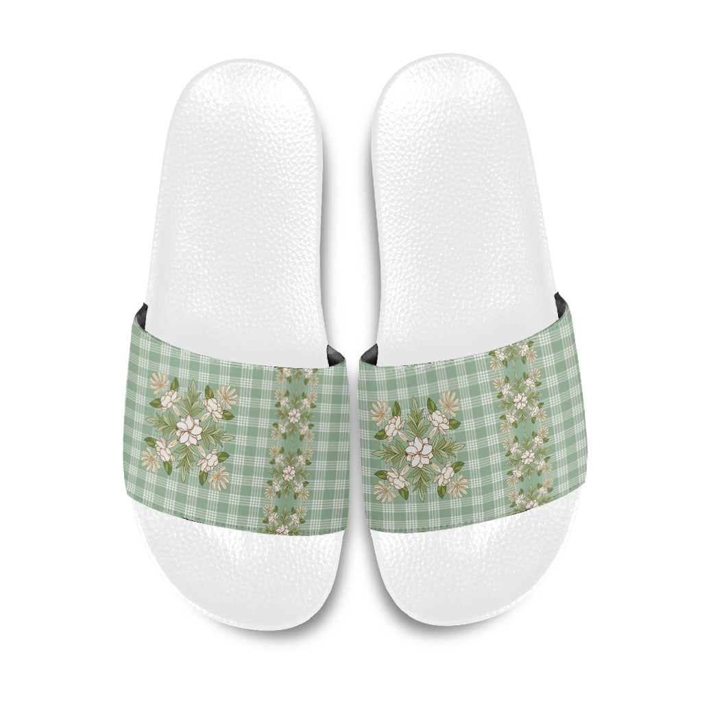 Liko Kukui Hawai'i Palaka Squares Maile Leaf Slide Sandals Flowers Hawaiian Quilt Patterns