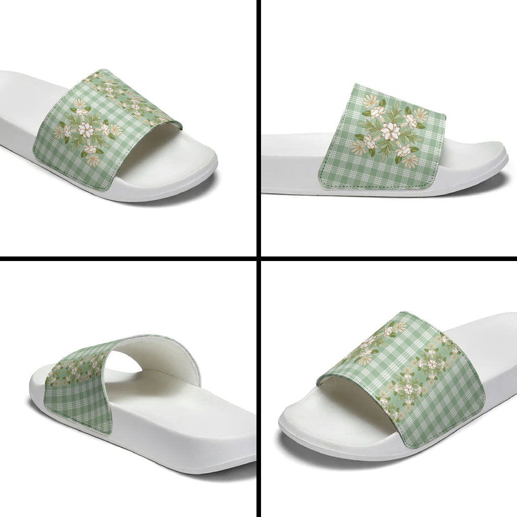 Liko Kukui Hawai'i Palaka Squares Maile Leaf Slide Sandals Flowers Hawaiian Quilt Patterns