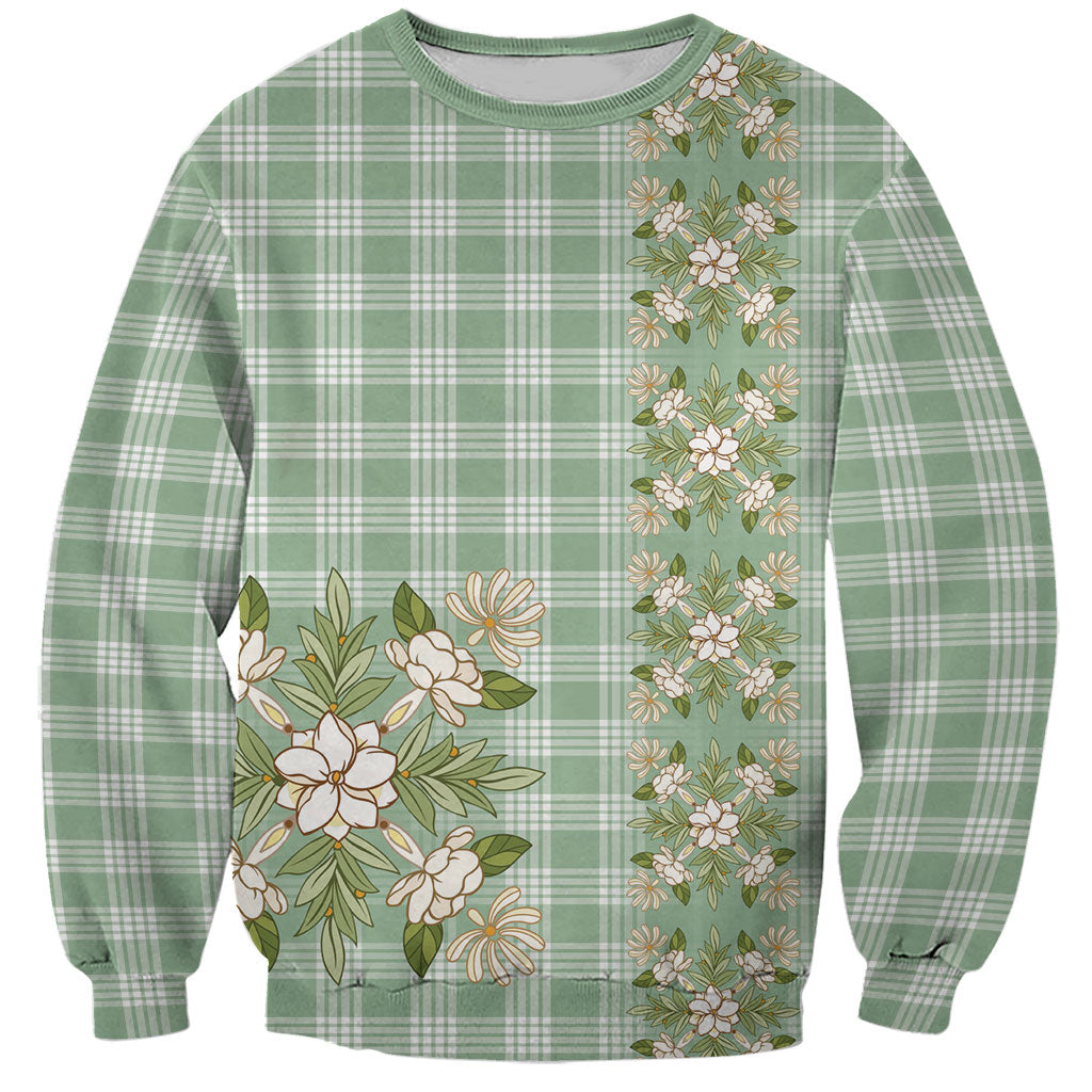 Liko Kukui Hawai'i Palaka Squares Maile Leaf Sweatshirt Flowers Hawaiian Quilt Patterns LT9 Unisex Sage Green - Polynesian Pride