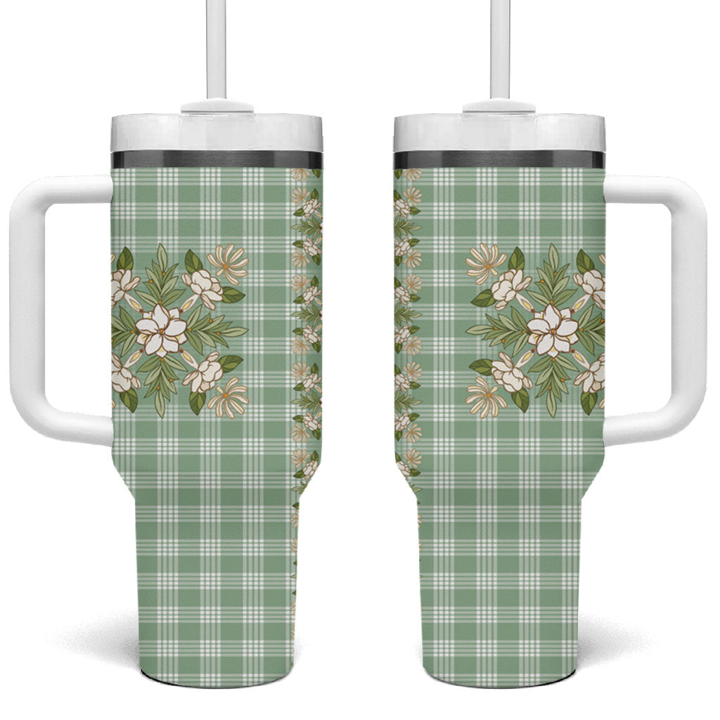 Liko Kukui Hawai'i Palaka Squares Maile Leaf Tumbler With Handle Flowers Hawaiian Quilt Patterns LT9 One Size: 40 oz Sage Green - Polynesian Pride
