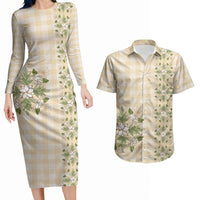 Melemele Ahiahia Hawai'i Palaka Squares Maile Leaf Couples Matching Long Sleeve Bodycon Dress and Hawaiian Shirt Flowers Hawaiian Quilt Patterns LT9 Pastel Yellow - Polynesian Pride