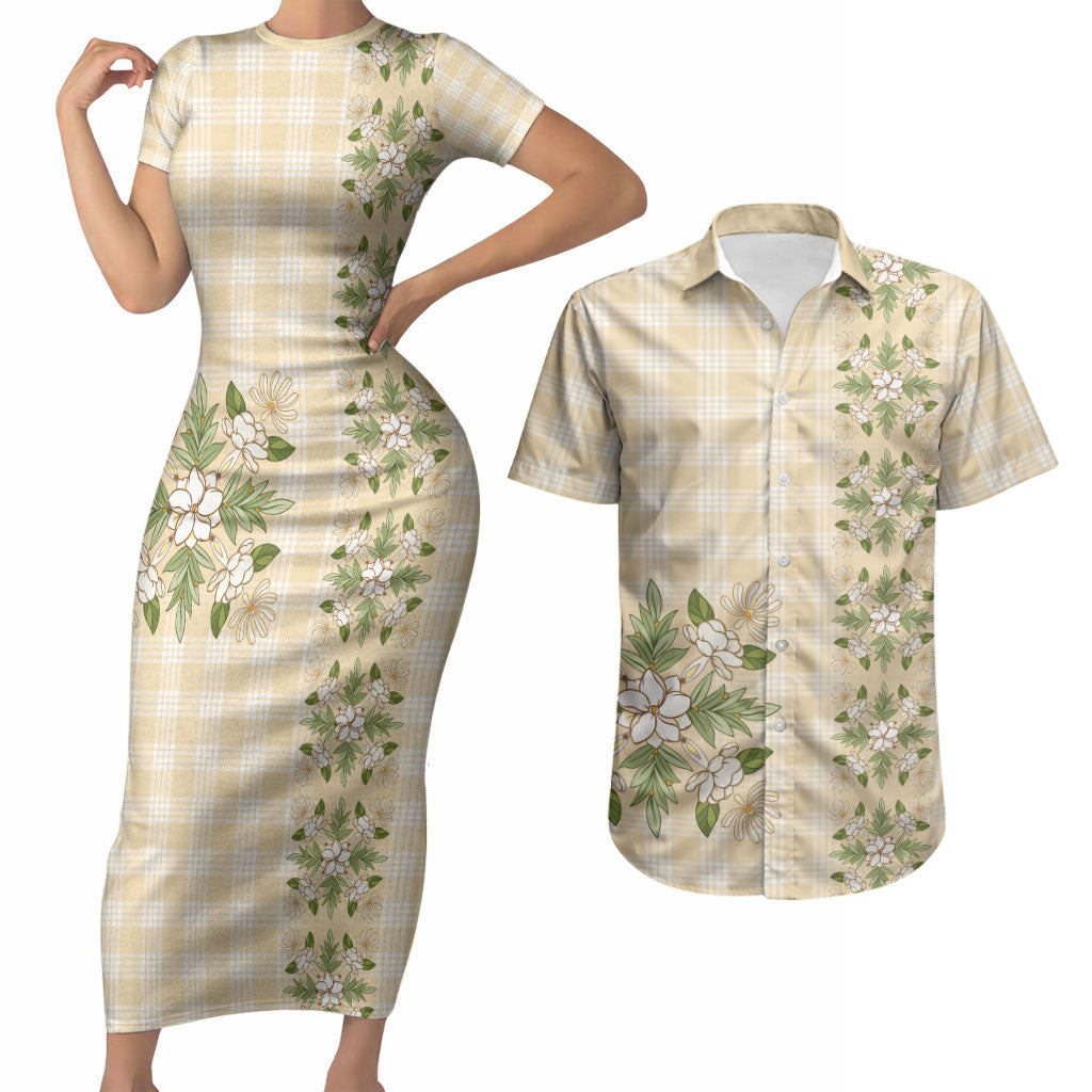 Melemele Ahiahia Hawai'i Palaka Squares Maile Leaf Couples Matching Short Sleeve Bodycon Dress and Hawaiian Shirt Flowers Hawaiian Quilt Patterns LT9 Pastel Yellow - Polynesian Pride