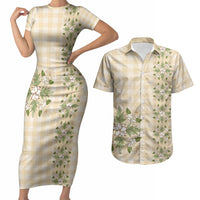 Melemele Ahiahia Hawai'i Palaka Squares Maile Leaf Couples Matching Short Sleeve Bodycon Dress and Hawaiian Shirt Flowers Hawaiian Quilt Patterns LT9 Pastel Yellow - Polynesian Pride