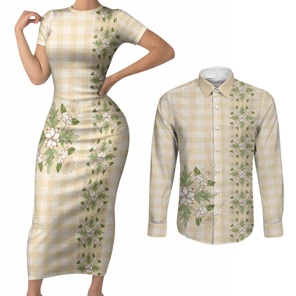Melemele Ahiahia Hawai'i Palaka Squares Maile Leaf Couples Matching Short Sleeve Bodycon Dress and Long Sleeve Button Shirt Flowers Hawaiian Quilt Patterns LT9 Pastel Yellow - Polynesian Pride