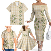 Melemele Ahiahia Hawai'i Palaka Squares Maile Leaf Family Matching Off The Shoulder Long Sleeve Dress and Hawaiian Shirt Flowers Hawaiian Quilt Patterns LT9 - Polynesian Pride