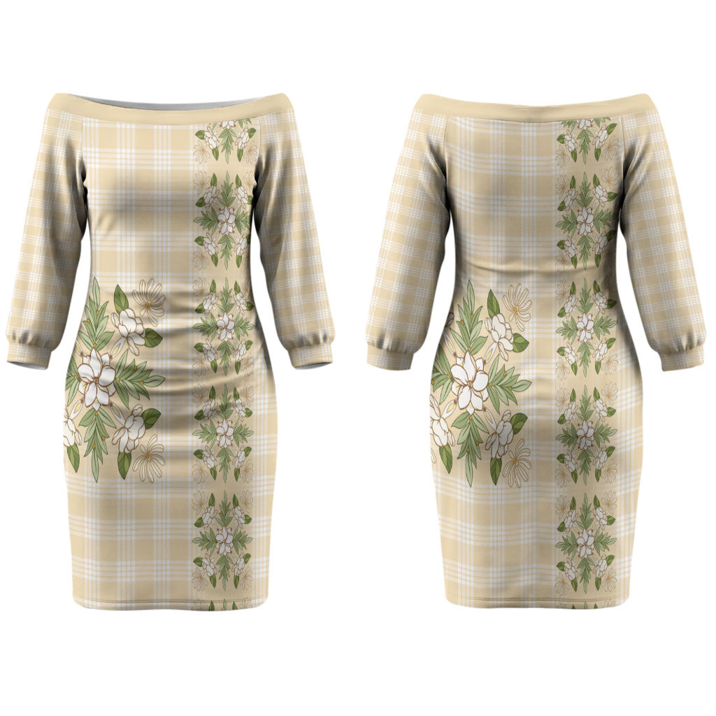 Melemele Ahiahia Hawai'i Palaka Squares Maile Leaf Family Matching Off The Shoulder Long Sleeve Dress and Hawaiian Shirt Flowers Hawaiian Quilt Patterns LT9 Mom's Dress Pastel Yellow - Polynesian Pride