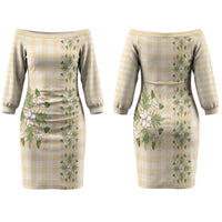 Melemele Ahiahia Hawai'i Palaka Squares Maile Leaf Family Matching Off The Shoulder Long Sleeve Dress and Hawaiian Shirt Flowers Hawaiian Quilt Patterns LT9 Mom's Dress Pastel Yellow - Polynesian Pride