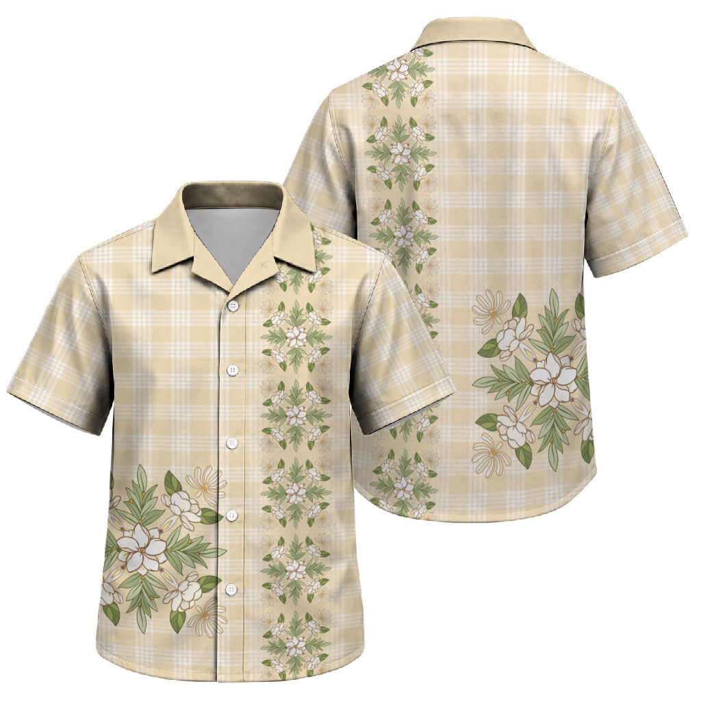 Melemele Ahiahia Hawai'i Palaka Squares Maile Leaf Family Matching Off The Shoulder Long Sleeve Dress and Hawaiian Shirt Flowers Hawaiian Quilt Patterns LT9 Son's Shirt Pastel Yellow - Polynesian Pride