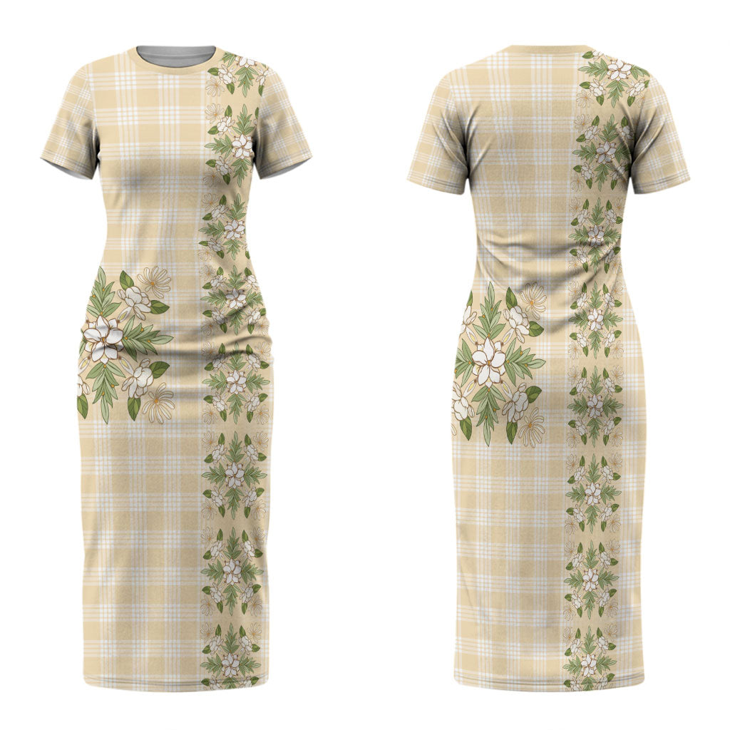 Melemele Ahiahia Hawai'i Palaka Squares Maile Leaf Family Matching Short Sleeve Bodycon Dress and Hawaiian Shirt Flowers Hawaiian Quilt Patterns LT9 Mom's Dress Pastel Yellow - Polynesian Pride