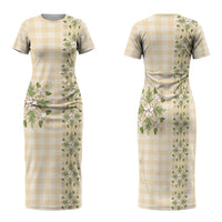 Melemele Ahiahia Hawai'i Palaka Squares Maile Leaf Family Matching Short Sleeve Bodycon Dress and Hawaiian Shirt Flowers Hawaiian Quilt Patterns LT9 Mom's Dress Pastel Yellow - Polynesian Pride