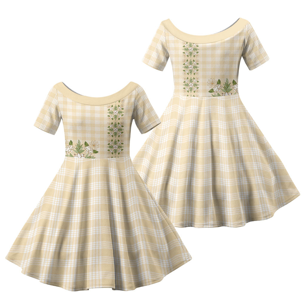 Melemele Ahiahia Hawai'i Palaka Squares Maile Leaf Family Matching Summer Maxi Dress and Hawaiian Shirt Flowers Hawaiian Quilt Patterns LT9 Daughter's Dress Pastel Yellow - Polynesian Pride