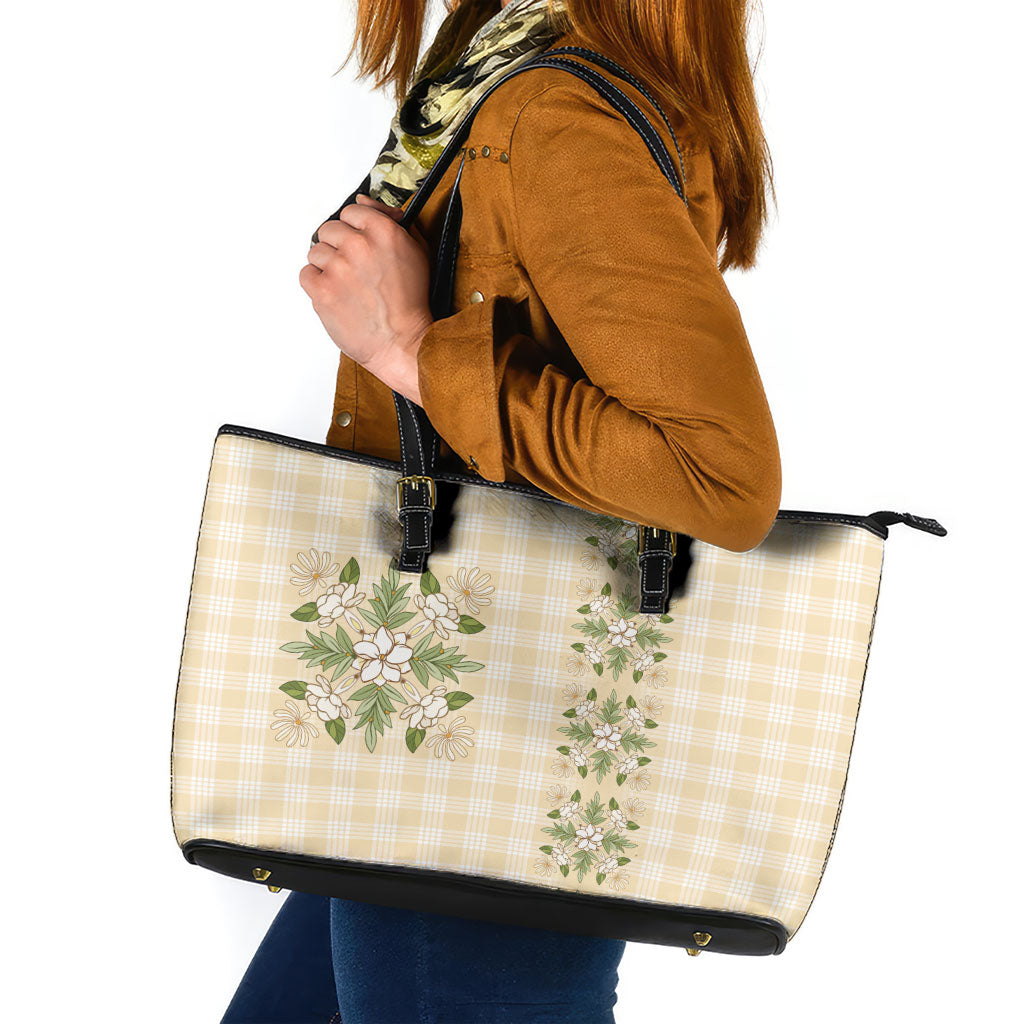 Melemele Ahiahia Hawai'i Palaka Squares Maile Leaf Leather Tote Bag Flowers Hawaiian Quilt Patterns LT9 Pastel Yellow - Polynesian Pride