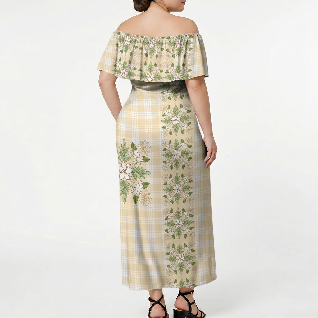 Melemele Ahiahia Hawai'i Palaka Squares Maile Leaf Off Shoulder Maxi Dress Flowers Hawaiian Quilt Patterns