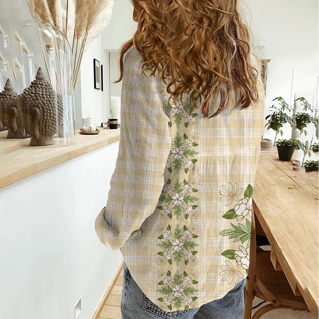 Melemele Ahiahia Hawai'i Palaka Squares Maile Leaf Women Casual Shirt Flowers Hawaiian Quilt Patterns