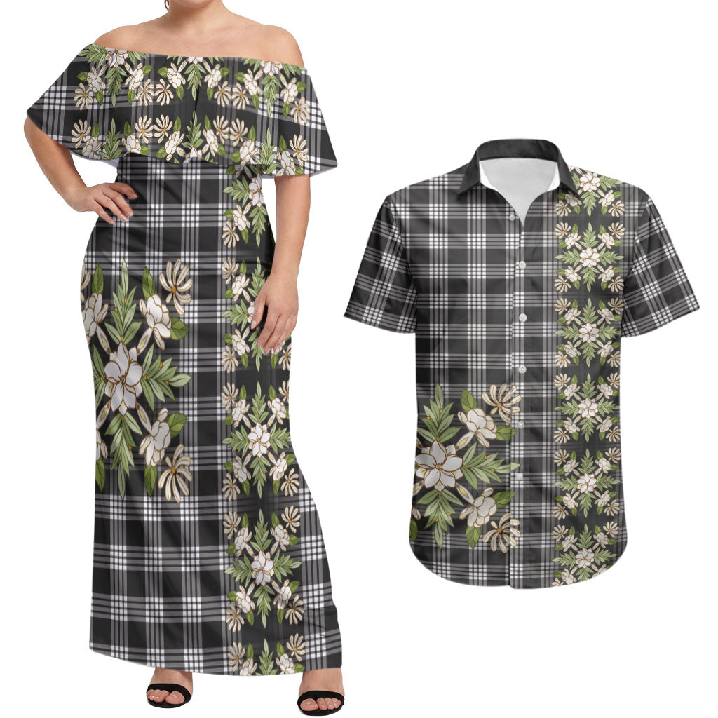 Pauli Hawai'i Palaka Squares Maile Leaf Couples Matching Off Shoulder Maxi Dress and Hawaiian Shirt Flowers Hawaiian Quilt Patterns LT9 Soft Black - Polynesian Pride