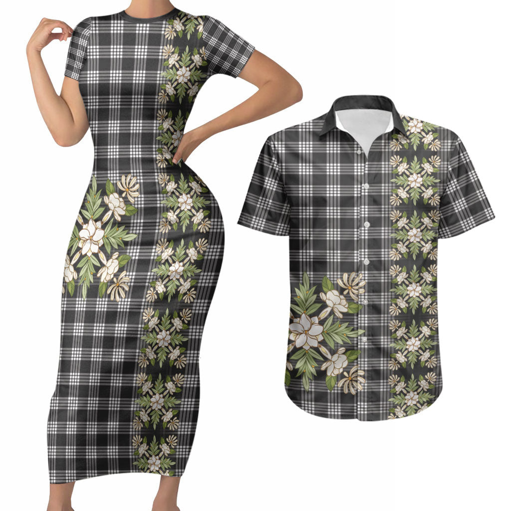 Pauli Hawai'i Palaka Squares Maile Leaf Couples Matching Short Sleeve Bodycon Dress and Hawaiian Shirt Flowers Hawaiian Quilt Patterns LT9 Soft Black - Polynesian Pride