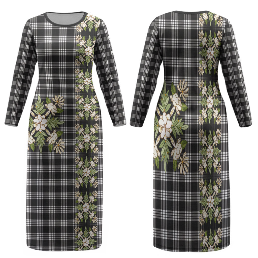 Pauli Hawai'i Palaka Squares Maile Leaf Family Matching Long Sleeve Bodycon Dress and Hawaiian Shirt Flowers Hawaiian Quilt Patterns LT9 Mom's Dress Soft Black - Polynesian Pride