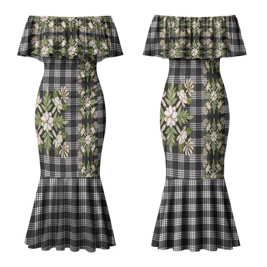 Pauli Hawai'i Palaka Squares Maile Leaf Family Matching Mermaid Dress and Hawaiian Shirt Flowers Hawaiian Quilt Patterns LT9 Mom's Dress Soft Black - Polynesian Pride