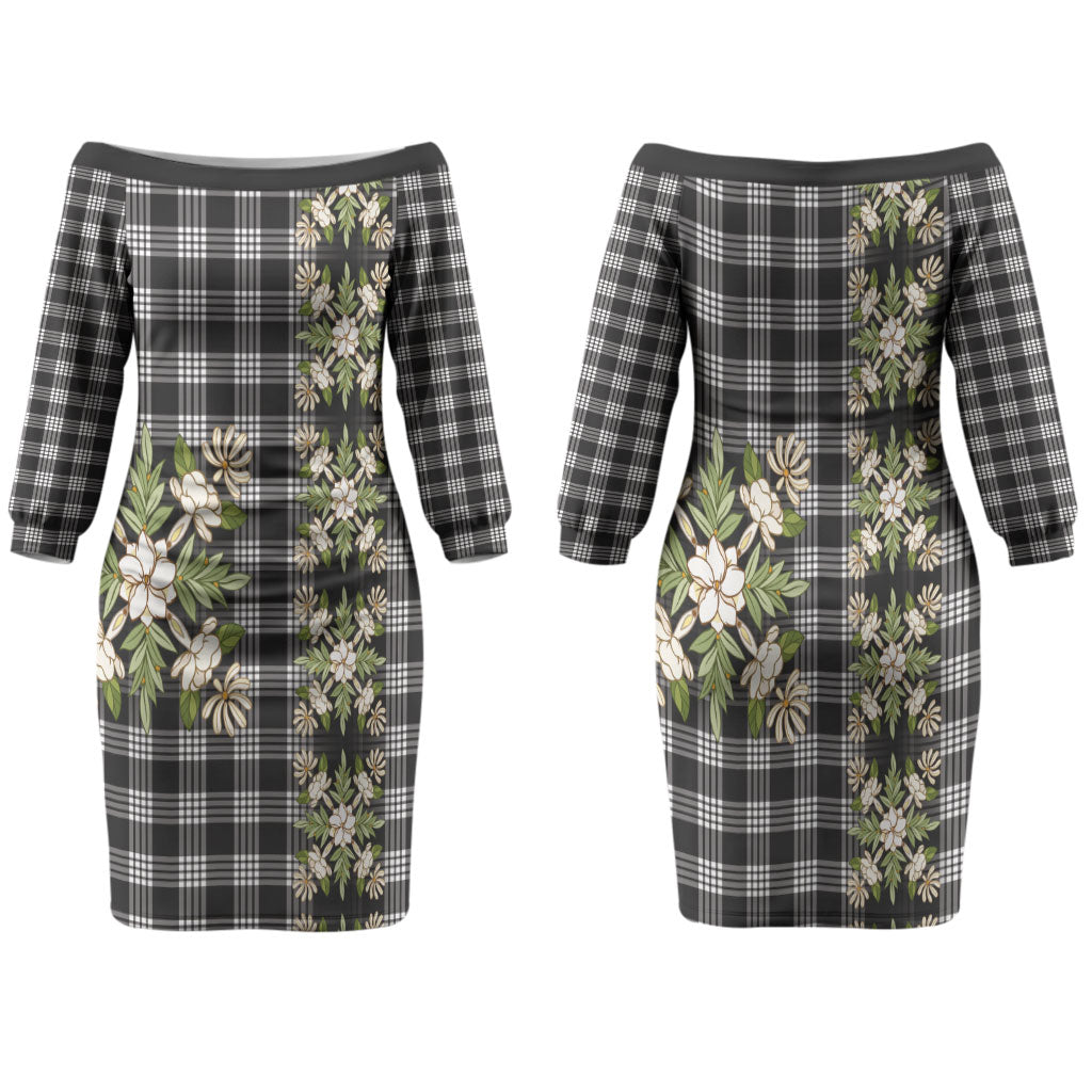 Pauli Hawai'i Palaka Squares Maile Leaf Family Matching Off The Shoulder Long Sleeve Dress and Hawaiian Shirt Flowers Hawaiian Quilt Patterns LT9 Mom's Dress Soft Black - Polynesian Pride
