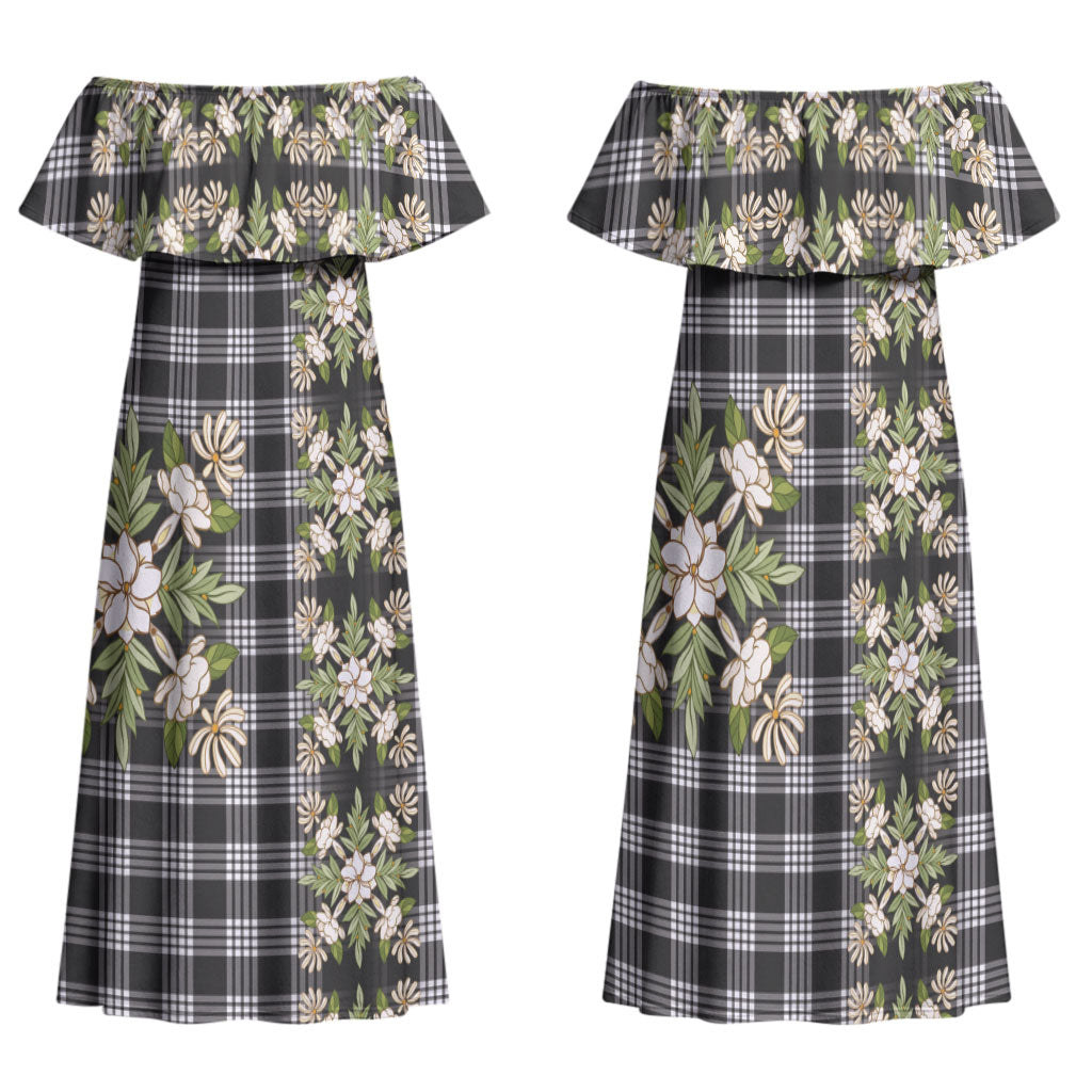 Pauli Hawai'i Palaka Squares Maile Leaf Family Matching Off Shoulder Maxi Dress and Hawaiian Shirt Flowers Hawaiian Quilt Patterns LT9 Mom's Dress Soft Black - Polynesian Pride