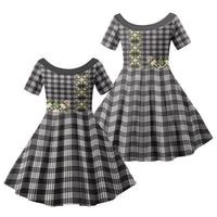 Pauli Hawai'i Palaka Squares Maile Leaf Family Matching Puletasi and Hawaiian Shirt Flowers Hawaiian Quilt Patterns LT9 Daughter's Dress Soft Black - Polynesian Pride