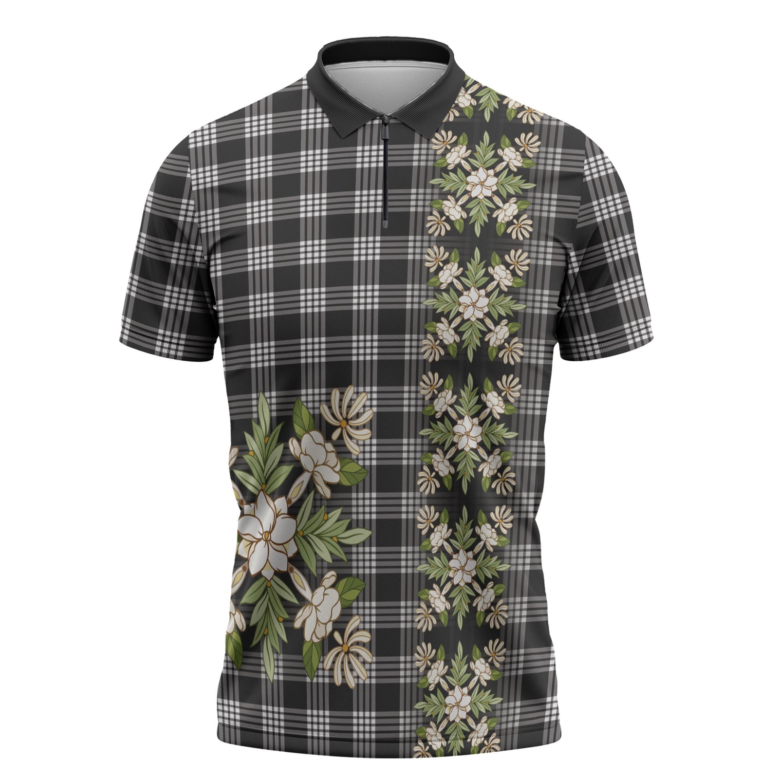 Pauli Hawai'i Palaka Squares Maile Leaf Zipper Polo Shirt Flowers Hawaiian Quilt Patterns LT9 Soft Black - Polynesian Pride
