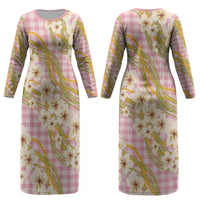 Akala Hamele Palaka Plumeria Couples Matching Long Sleeve Bodycon Dress and Long Sleeve Button Shirt Puakenikeni and Maile Lei LT9 - Polynesian Pride