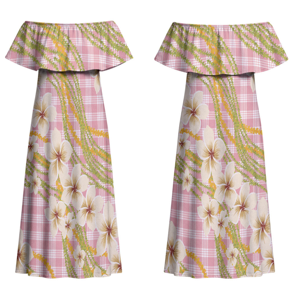 Akala Hamele Palaka Plumeria Couples Matching Off Shoulder Maxi Dress and Hawaiian Shirt Puakenikeni and Maile Lei