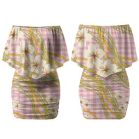 Akala Hamele Palaka Plumeria Couples Matching Off Shoulder Short Dress and Hawaiian Shirt Puakenikeni and Maile Lei LT9 - Polynesian Pride