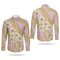 Akala Hamele Palaka Plumeria Couples Matching Off Shoulder Short Dress and Long Sleeve Button Shirt Puakenikeni and Maile Lei LT9 - Polynesian Pride