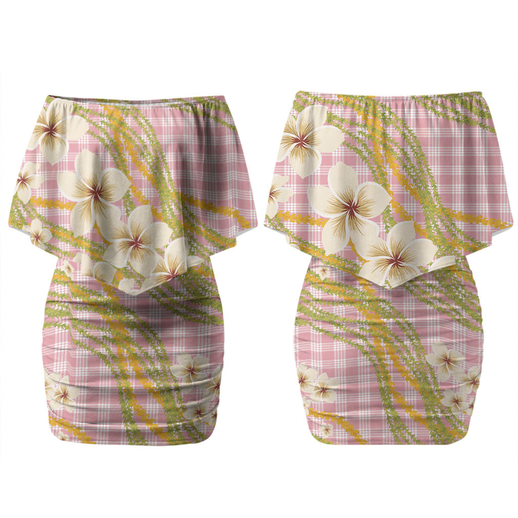 Akala Hamele Palaka Plumeria Couples Matching Off Shoulder Short Dress and Long Sleeve Button Shirt Puakenikeni and Maile Lei LT9 - Polynesian Pride