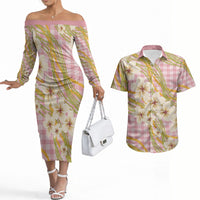 Akala Hamele Palaka Plumeria Couples Matching Off The Shoulder Long Sleeve Dress and Hawaiian Shirt Puakenikeni and Maile Lei LT9 Dusty Rose - Polynesian Pride