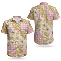 Akala Hamele Palaka Plumeria Couples Matching Off The Shoulder Long Sleeve Dress and Hawaiian Shirt Puakenikeni and Maile Lei LT9 - Polynesian Pride