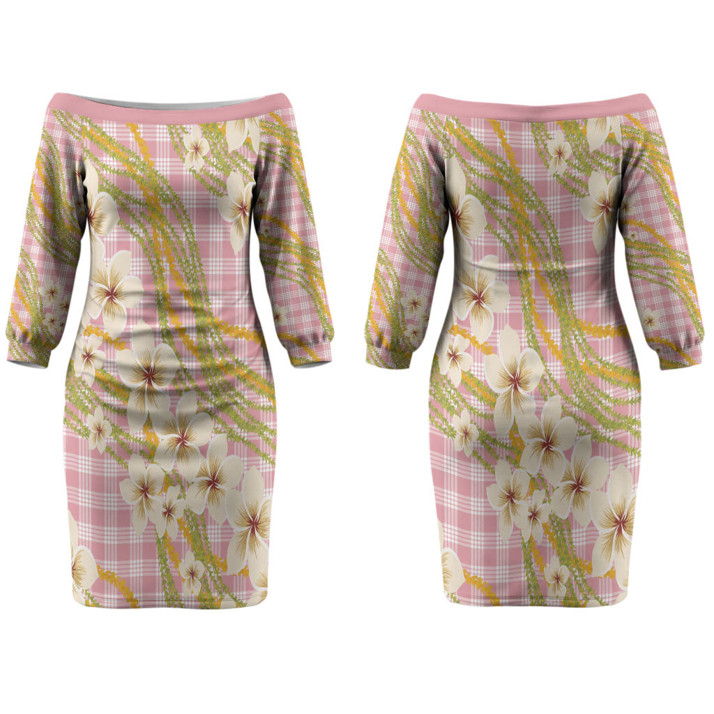 Akala Hamele Palaka Plumeria Couples Matching Off The Shoulder Long Sleeve Dress and Hawaiian Shirt Puakenikeni and Maile Lei LT9 - Polynesian Pride